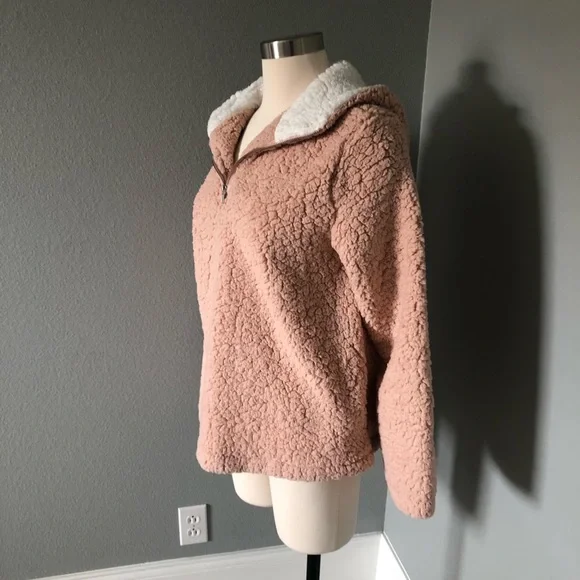 Coeur de Vague Blush Fluffy Quarter-Zip Plush Hoodie Fleece Sweatshirts - Picture 9 of 16